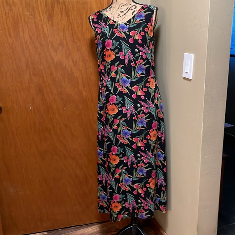 Coldwater Creek Black Floral Fully Lined Sleeveless Dress Size 10P - Picture 1 of 9